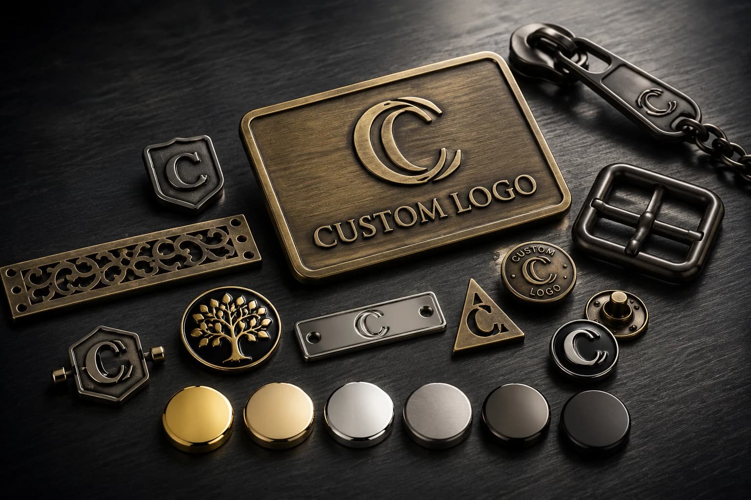 Custom zinc alloy metal logo plates badges buttons and buckles on dark surface