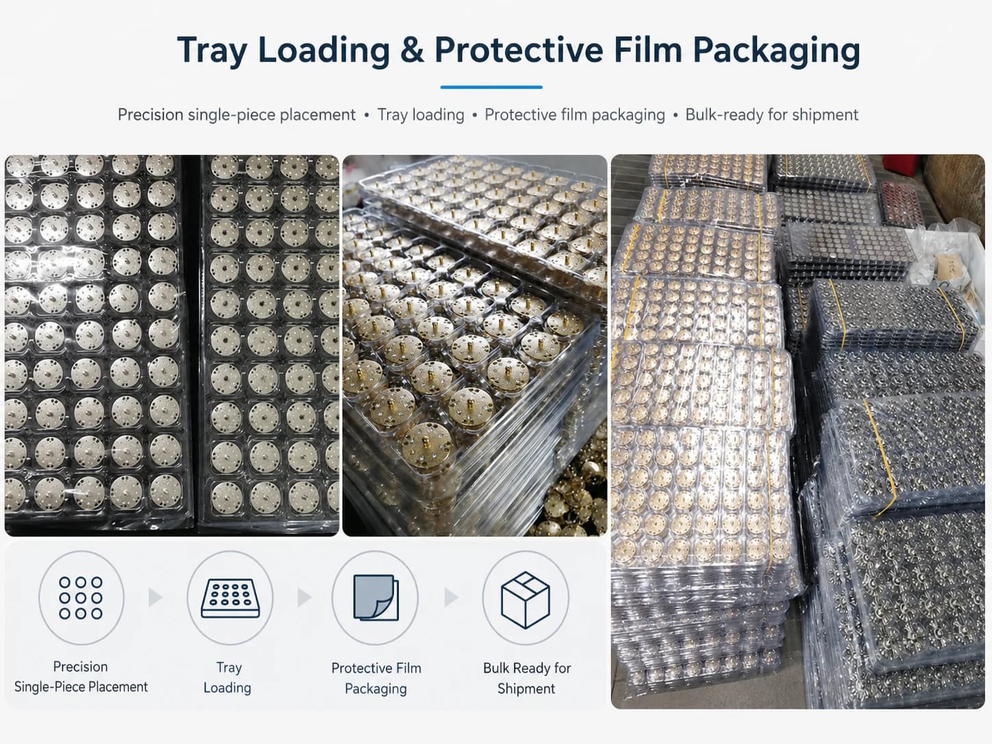 Metal parts arranged in trays with protective film for packing preparation
