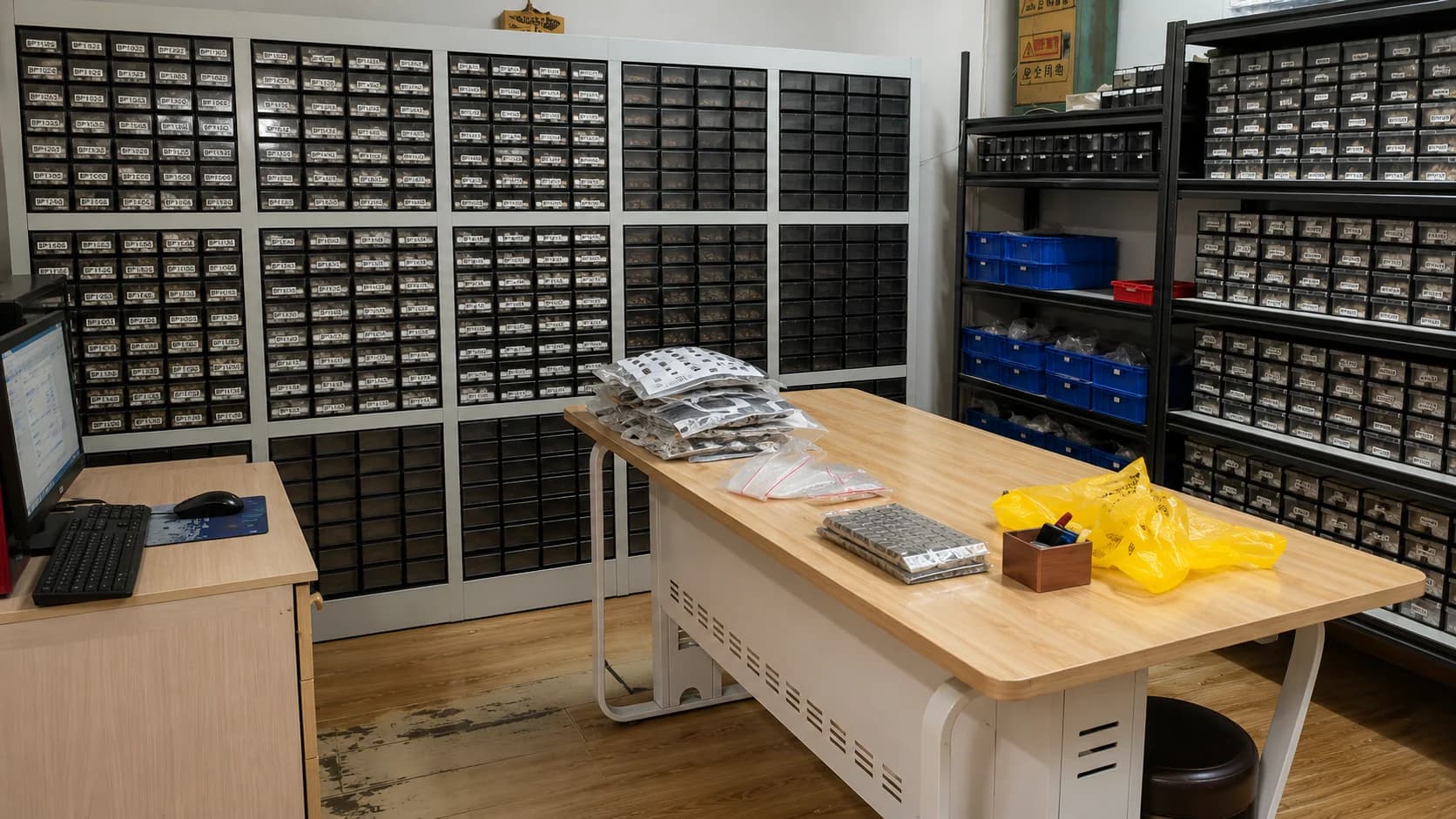 Product sample storage workbench with metal accessory references