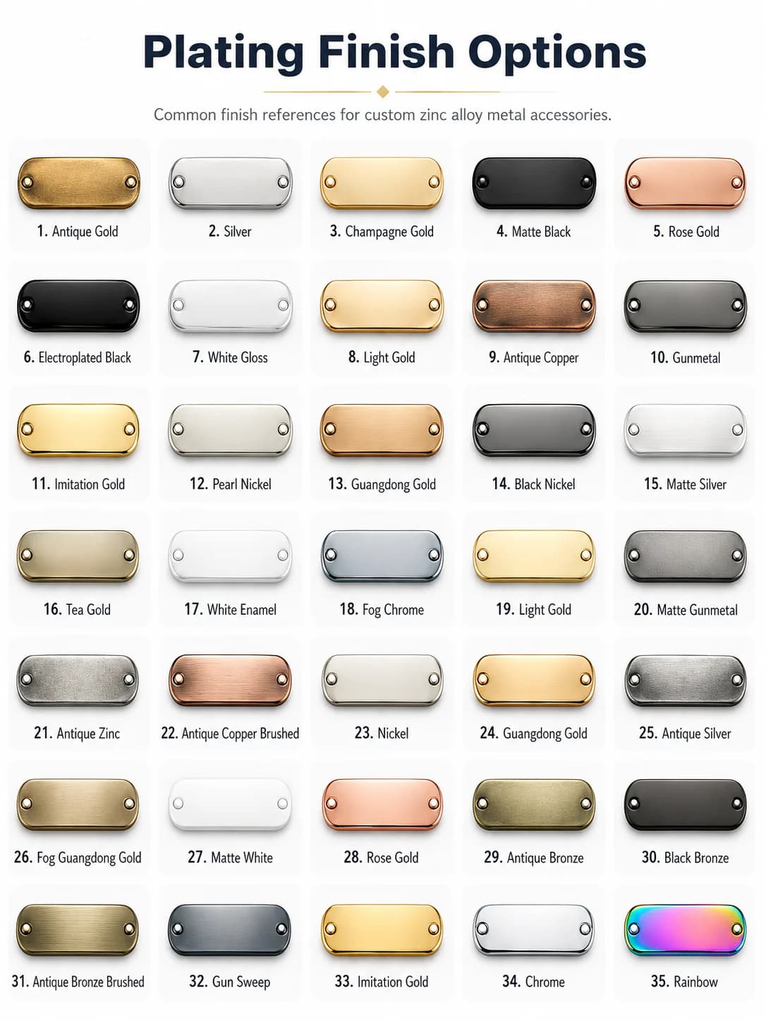 Zinc alloy plating finish color options for custom metal accessories