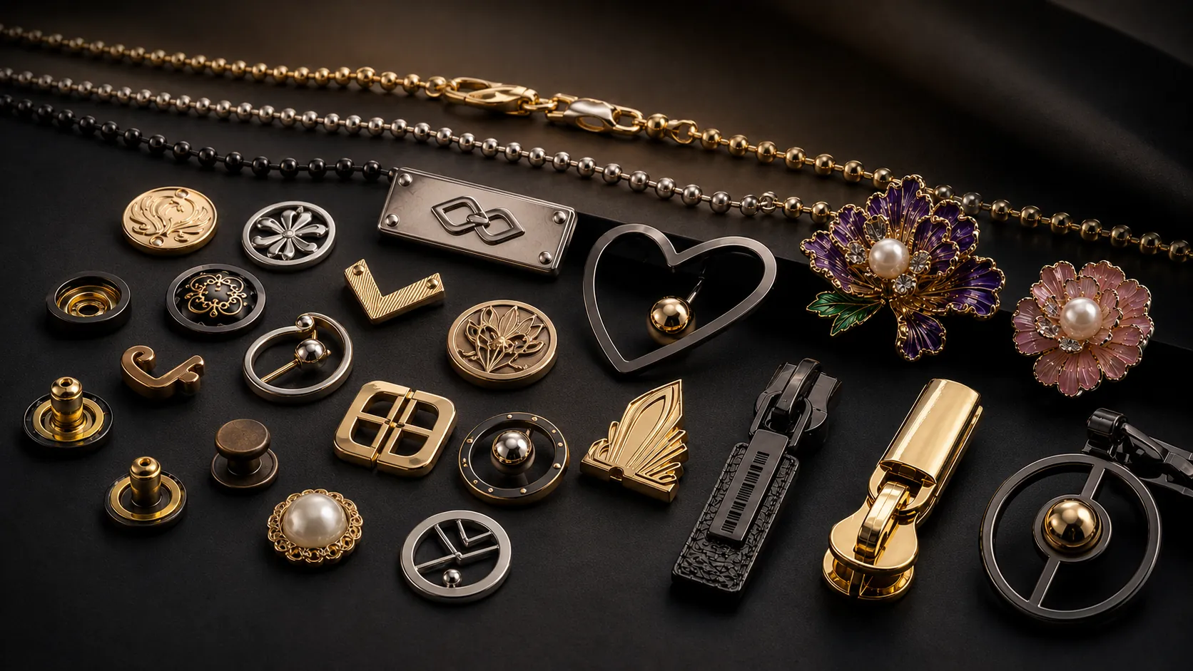 Custom zinc alloy metal hardware including buttons buckles zipper pullers badges and decorative accessories on a dark surface